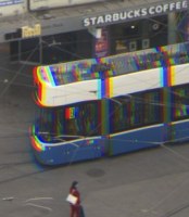 A crop of the blue double-decker bus