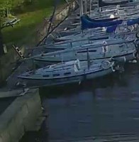 A crop of the blue yacht