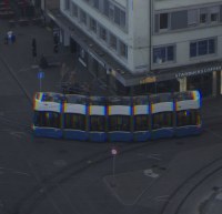 A crop of the blue articulated tram